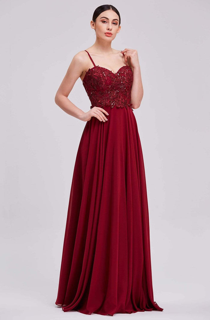 J'Adore - J16051 Sequined Lace Appliqued A-Line Gown Prom Dresses 2 / Cherry