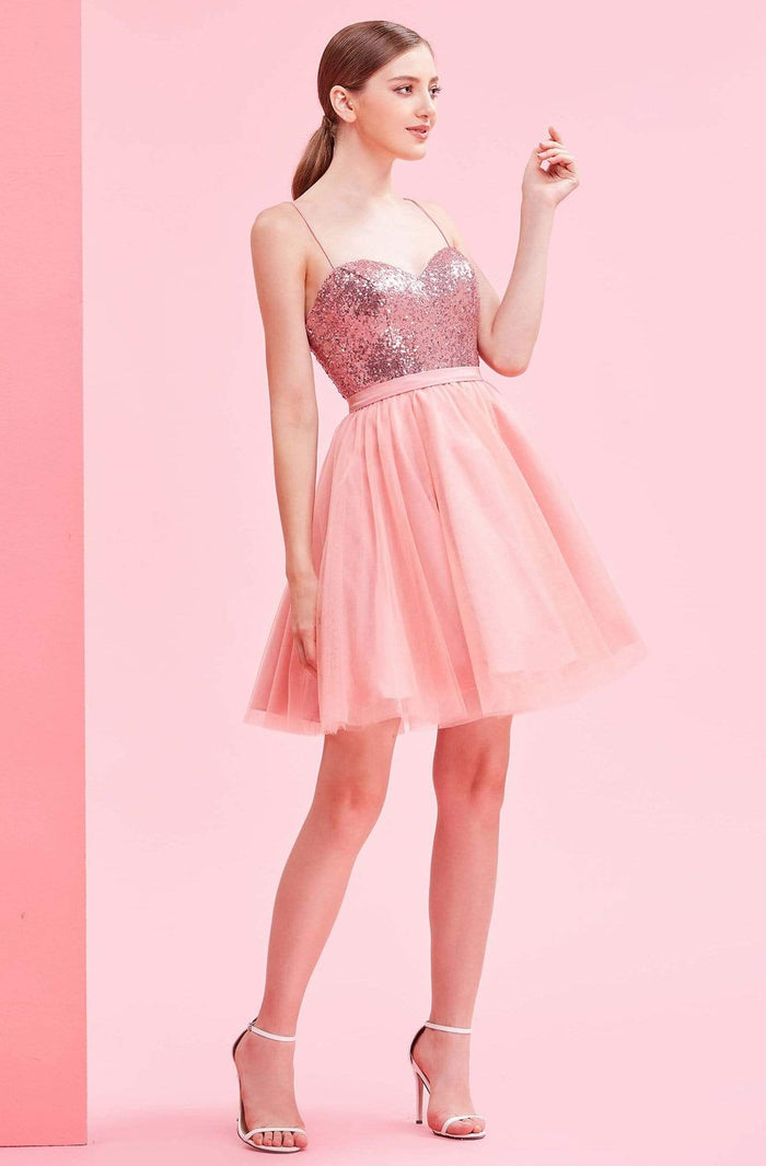 J'Adore - J16093 Sequined Sweetheart Tulle A-line Dress Homecoming Dresses 2 / Baby Pink