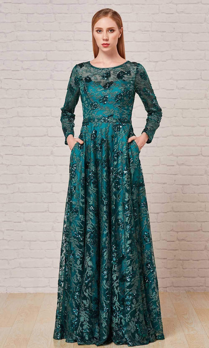 J'Adore - J18026 Long Sleeve Glitter Print A-Line Gown Mother of the Bride Dresses 2 / Emerald