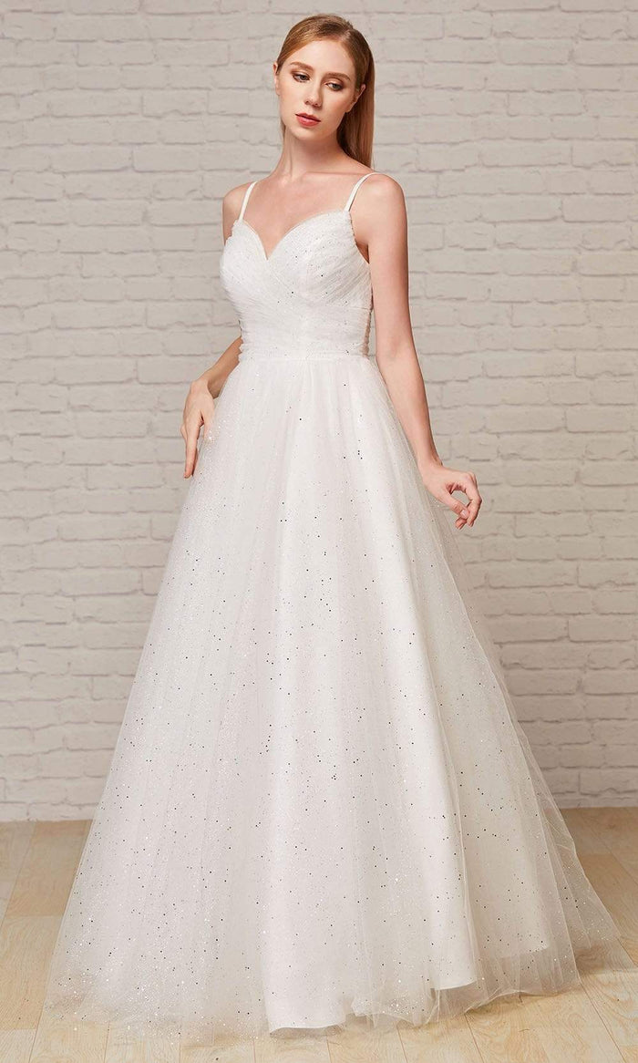 J'Adore - J18041 Pleat-Ornate Glitter A-Line Gown Special Occasion Dress 2 / Ivory