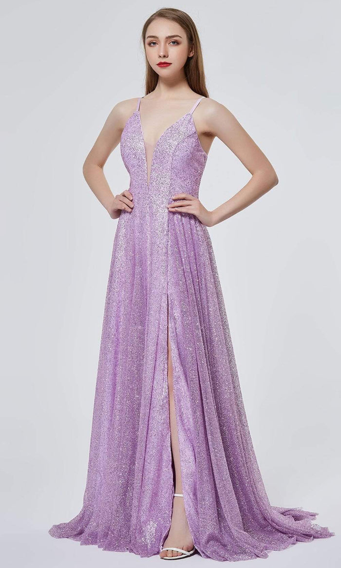 J'Adore - J19001 Glitter-Embellished Slit A-line Gown Special Occasion Dress 2 / Lilac