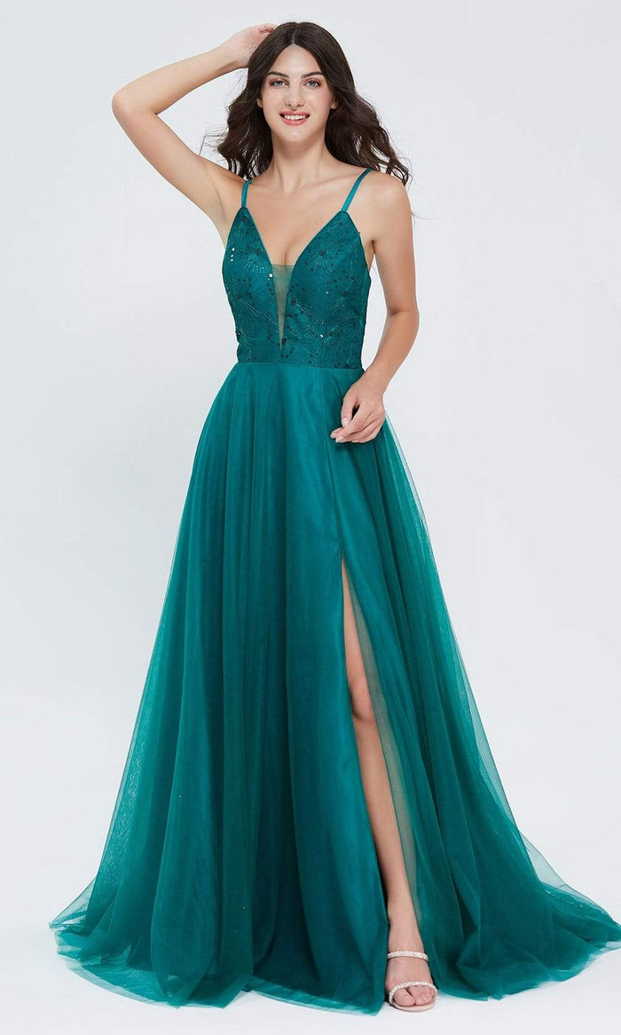 J'Adore - J20005 Plunging V-Neck High Slit Gown Special Occasion Dress 2 / Emerald