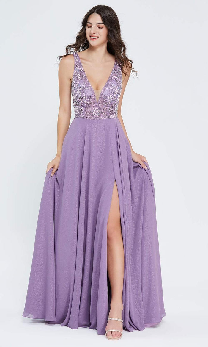 J'Adore - J20013 Beaded V-Neck Gown with Slit Special Occasion Dress 2 / Mauve