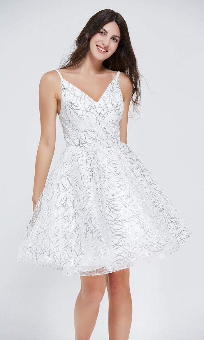 J'Adore - J20088 Tiny Sequined A-line Dress Special Occasion Dress 2 / Ivory/Silver