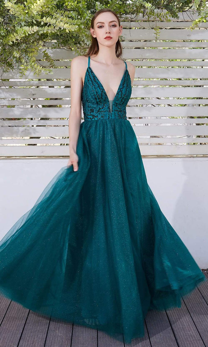 J'Adore - JM102 Embellished Plunging Neck Glitter Tulle A-Line Gown Special Occasion Dress 2 / Hunter