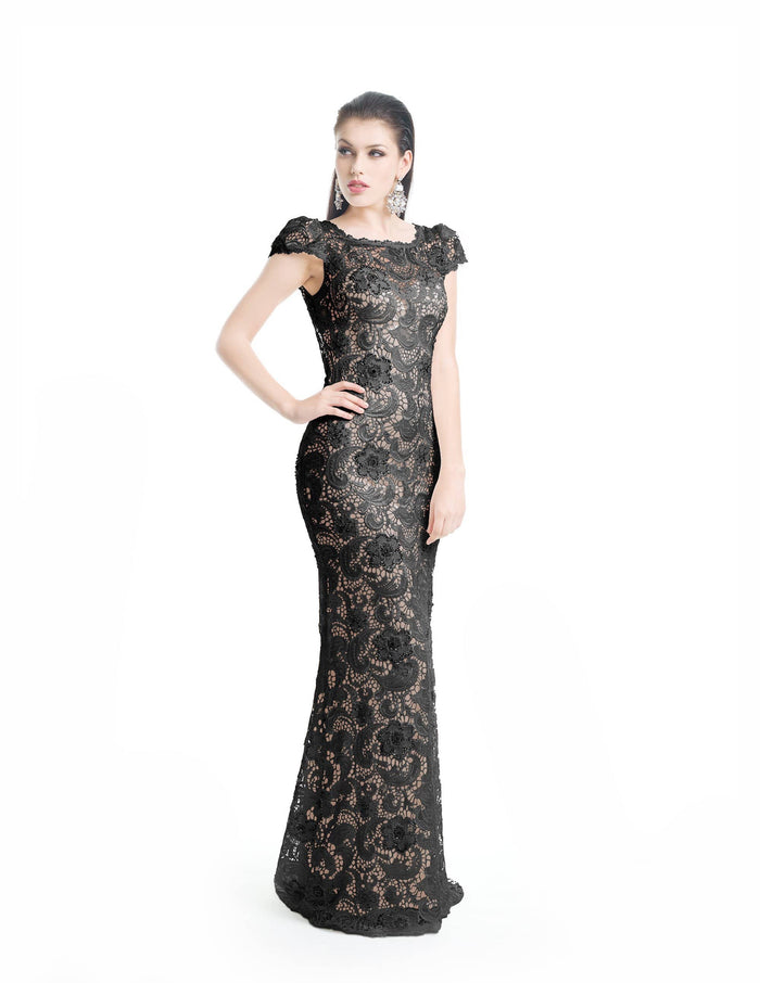 Jadore - J5085B Lace Bateau Trumpet Dress With Train Special Occasion Dress 2 / Black/Nude