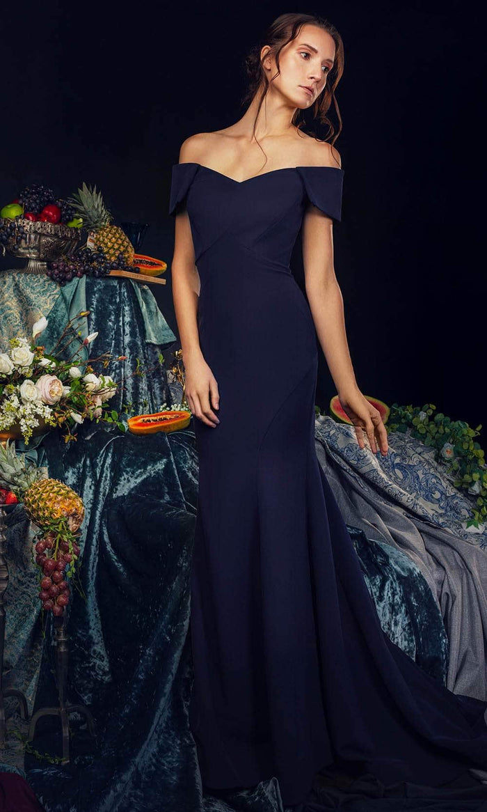 Janique 2042 - Off-Shoulder Sweetheart Neck Long Dress Special Occasion Dress 4 / Navy