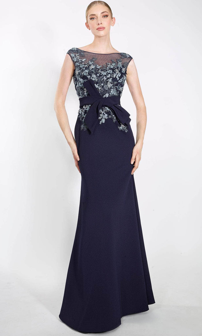 Janique 2201 - Embroidered Illusion Evening Gown Special Occasion Dress 4 / Navy