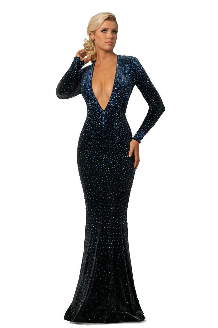 Johnathan Kayne - 2045 Bedazzled Long Sleeve V-neck Trumpet Dress - 1 pc Black-Ab In Size 16 Available CCSALE 16 / Black-AB