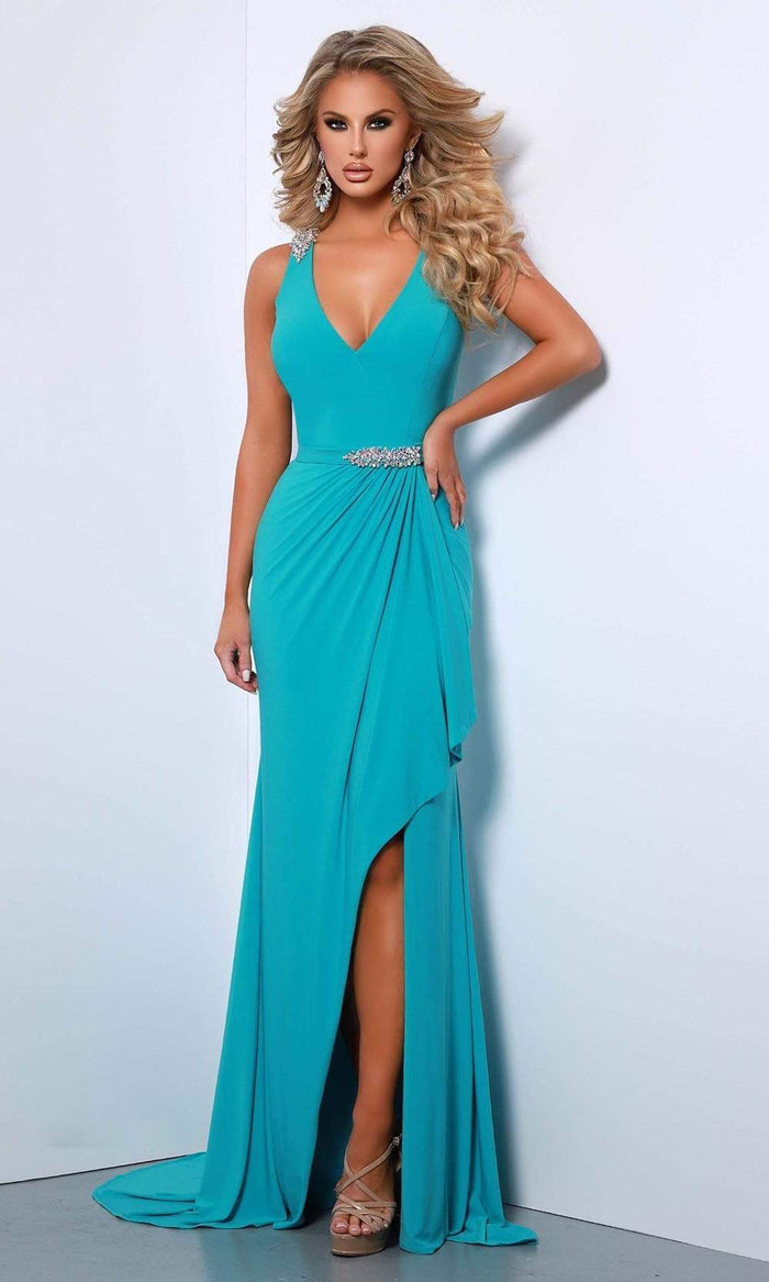 Johnathan Kayne - 2432 V-neck Ruffle Skirt Gown Prom Dresses 00 / Aqua