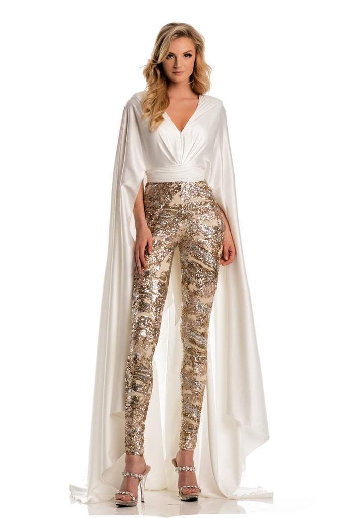 Johnathan Kayne Cape Sleeve Metallic Sequin Jumpsuit 8053 - 1 pc Champagne/White in Size 6 Available CCSALE 6 / Champagne/White