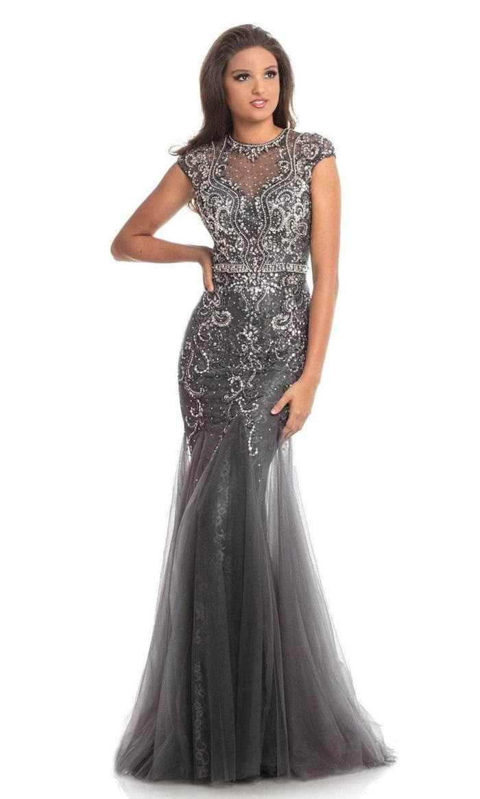 Johnathan Kayne - Illusion Jewel Stretch Lace Mermaid Gown 9039 - 1 pc Charcoal in size 8 and 1 pc Royal In Size 14 Available CCSALE 8 / Charcoal