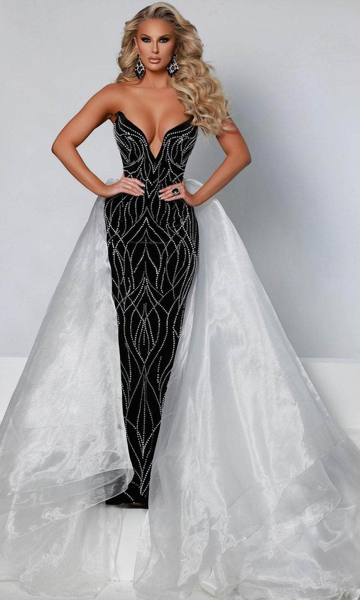 Johnathan Kayne - Plunging Overskirt Evening Gown 2555 - 1 pc Black-White In Size 6 Available CCSALE 6 / Black-White