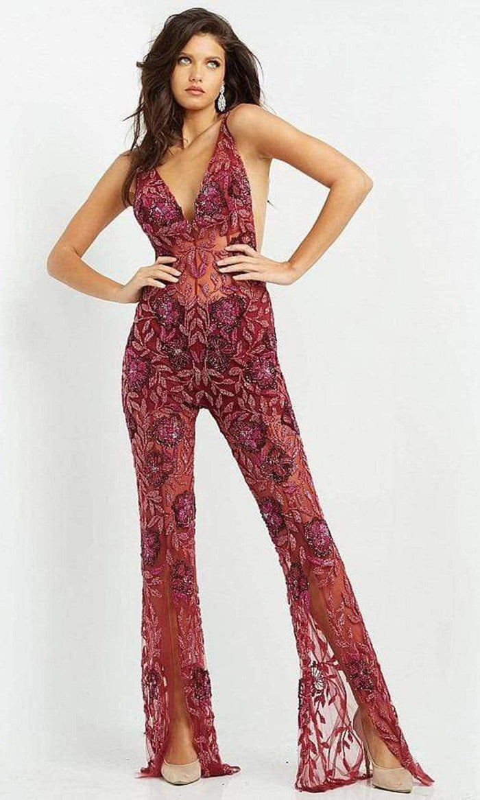 Jovani - 04402 V Neck See Through Beaded Jumpsuit Evening Dresses 00 / Burgundy