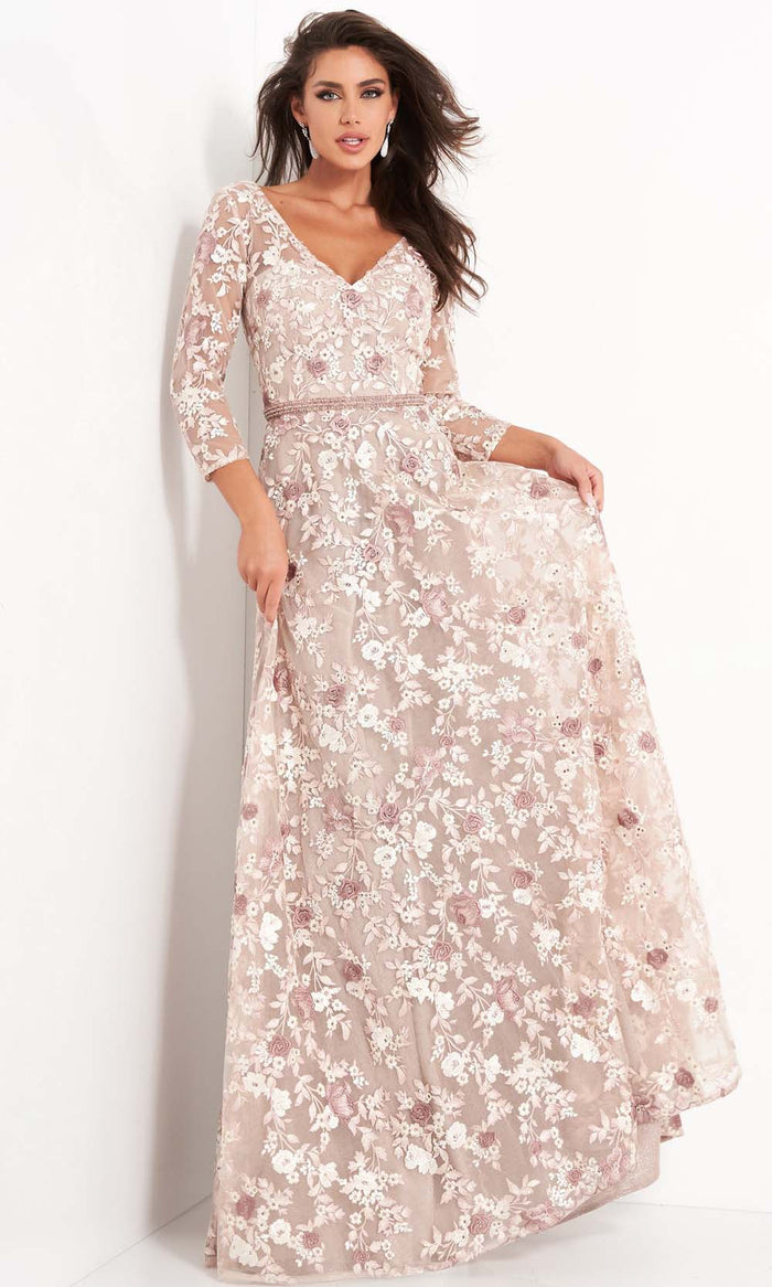 Jovani - 04451 Quarter Sleeve Floral Embroidered A-Line Gown Evening Dresses 00 / Pink