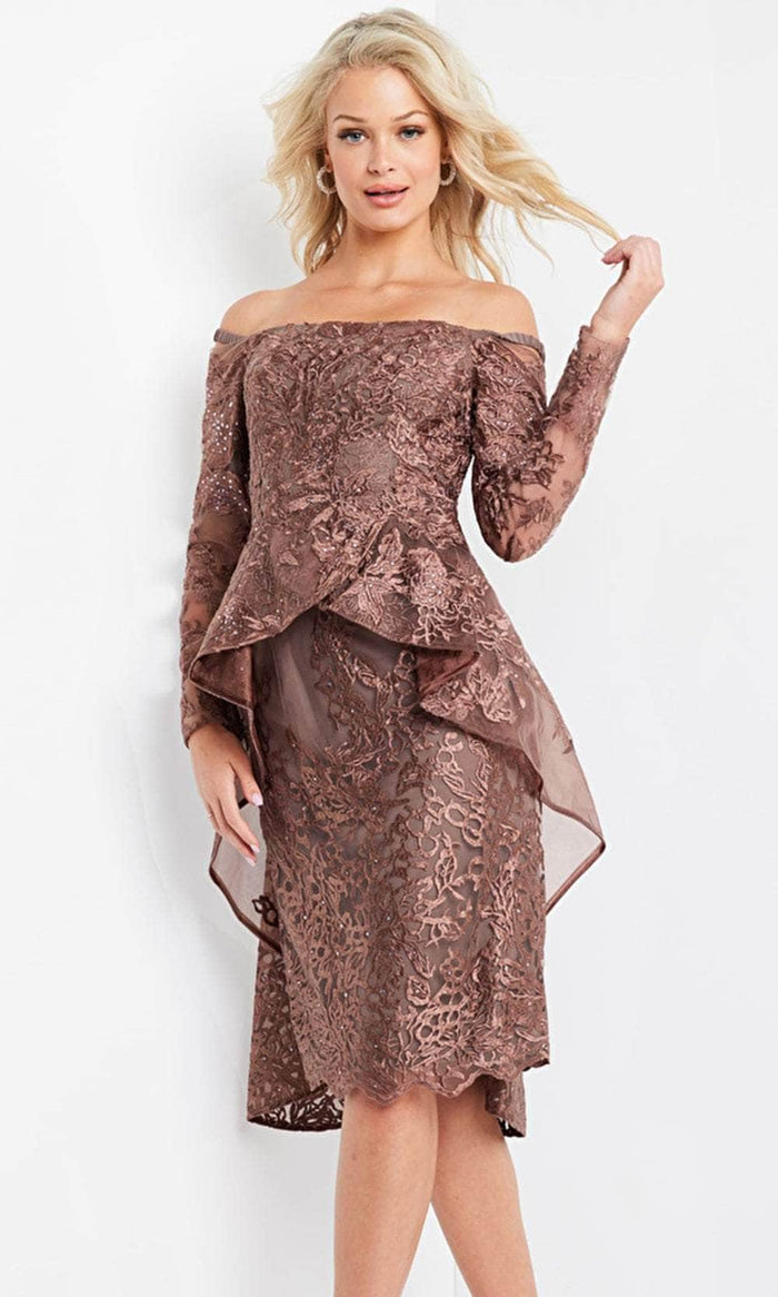 Jovani 04452 - Off Shoulder Embroidered Peplum Dress Cocktail Dresses 00 / Coffee