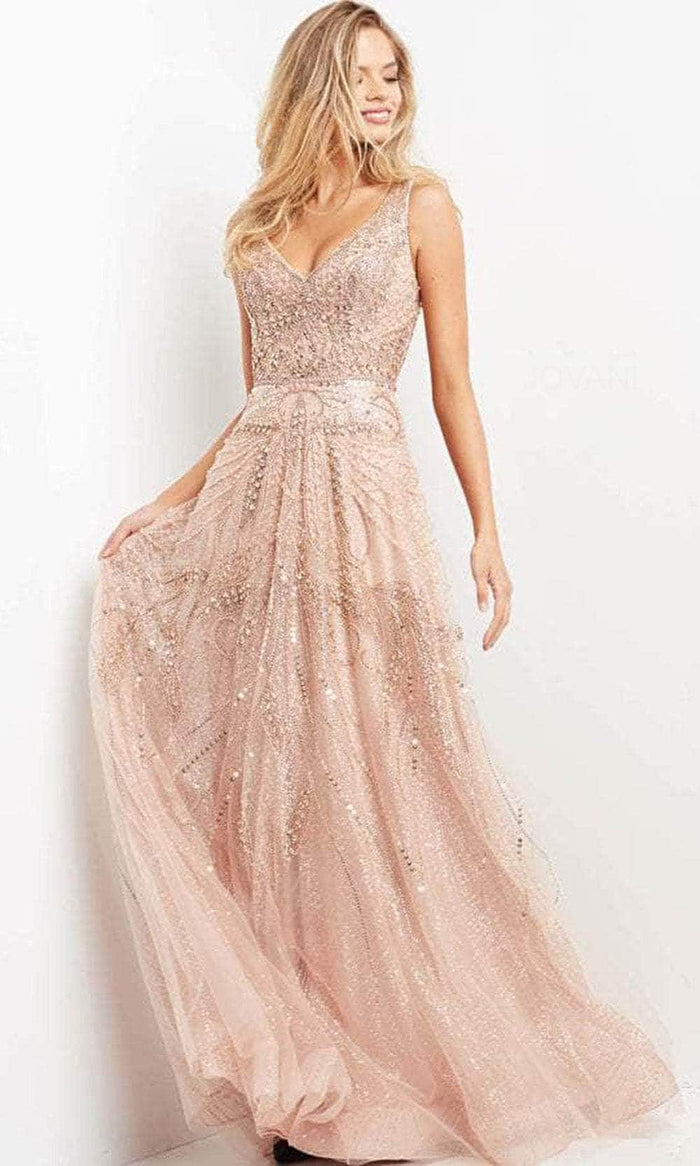 Jovani 05465 - Sleeveless Low-cut V-Neck Evening Gown Prom Dresses 00 / Rose/Gold