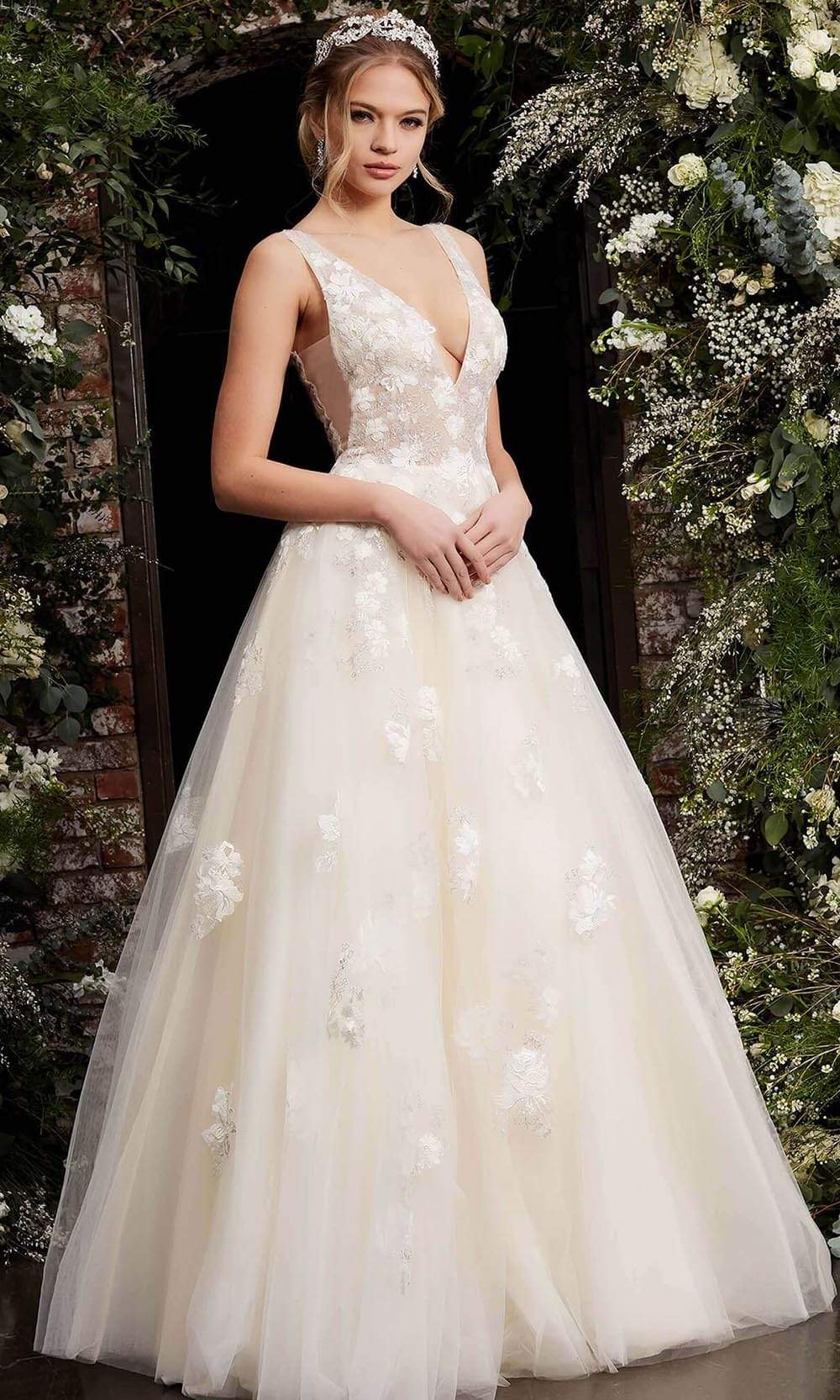 Sheer Floral Applique A-Line Tulle Wedding Dress - Ever-Pretty US