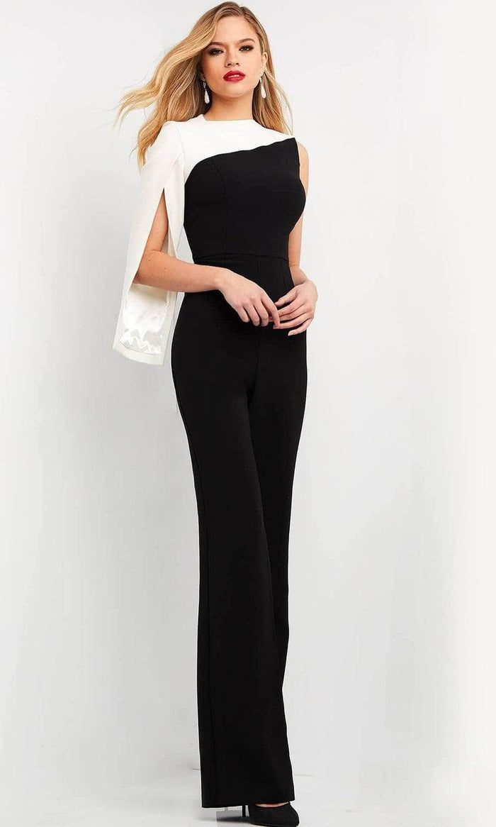 Jovani - 06875SC Split Sleeve Asymmetrical Jumpsuit Evening Dresses 00 / Black/Offwhite