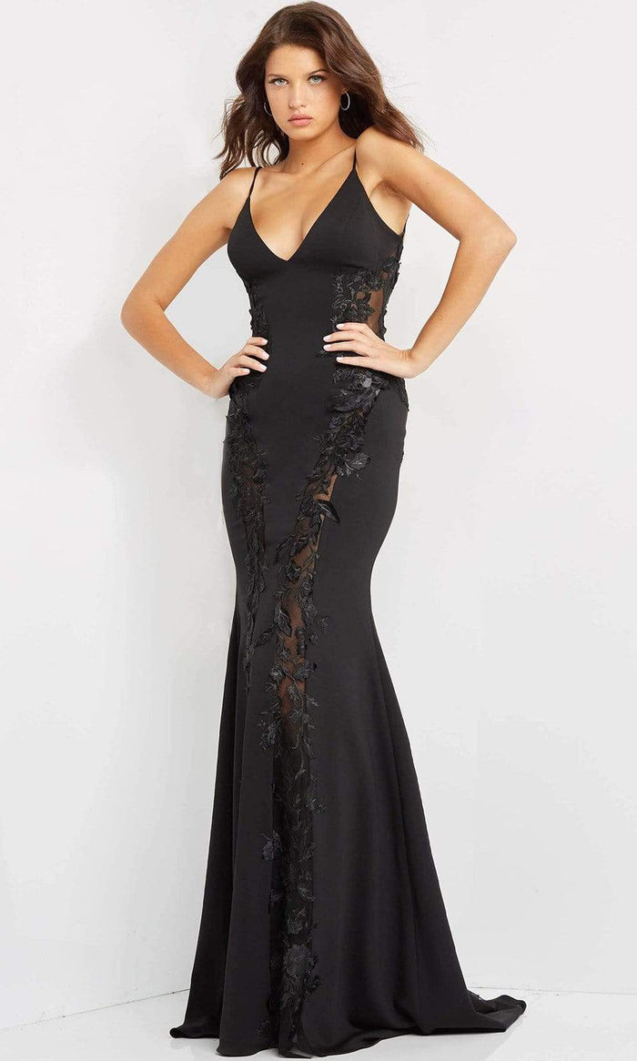 Jovani - 07296 Illusion Embroidered Mermaid Gown Prom Dresses 00 / Black