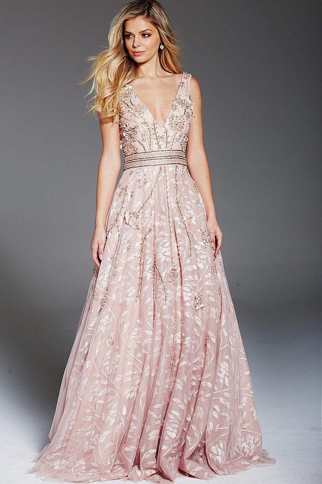 Jovani - 53038 Trailing Foliage Appliqued Ballgown - 1 pc Champagne In Size 8 Available CCSALE 8 / Champagne