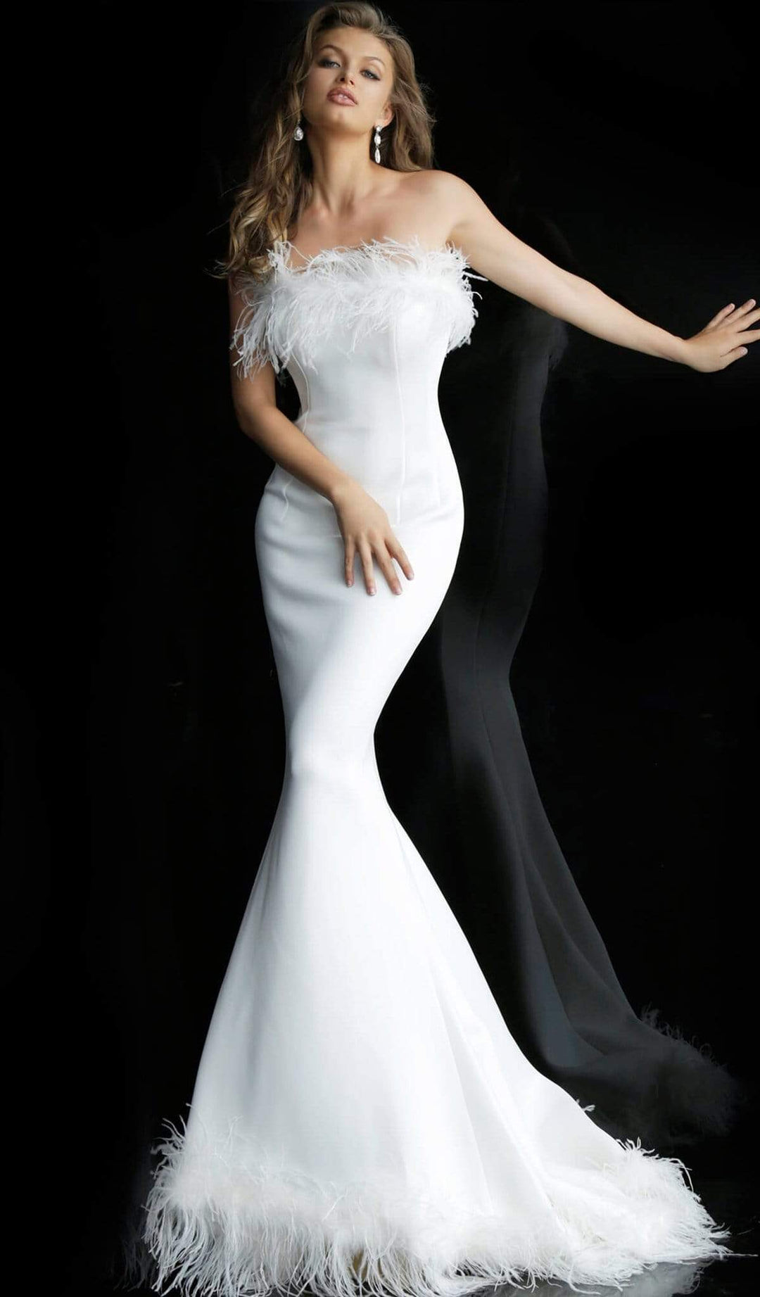 Feather Prom Dresses 2024 Feather Cocktail Wedding Dresses Gowns   Jovani 63891 Strapless Feather Fringed Mermaid Gown Special Occasion Dress 7725788364883 1080x 