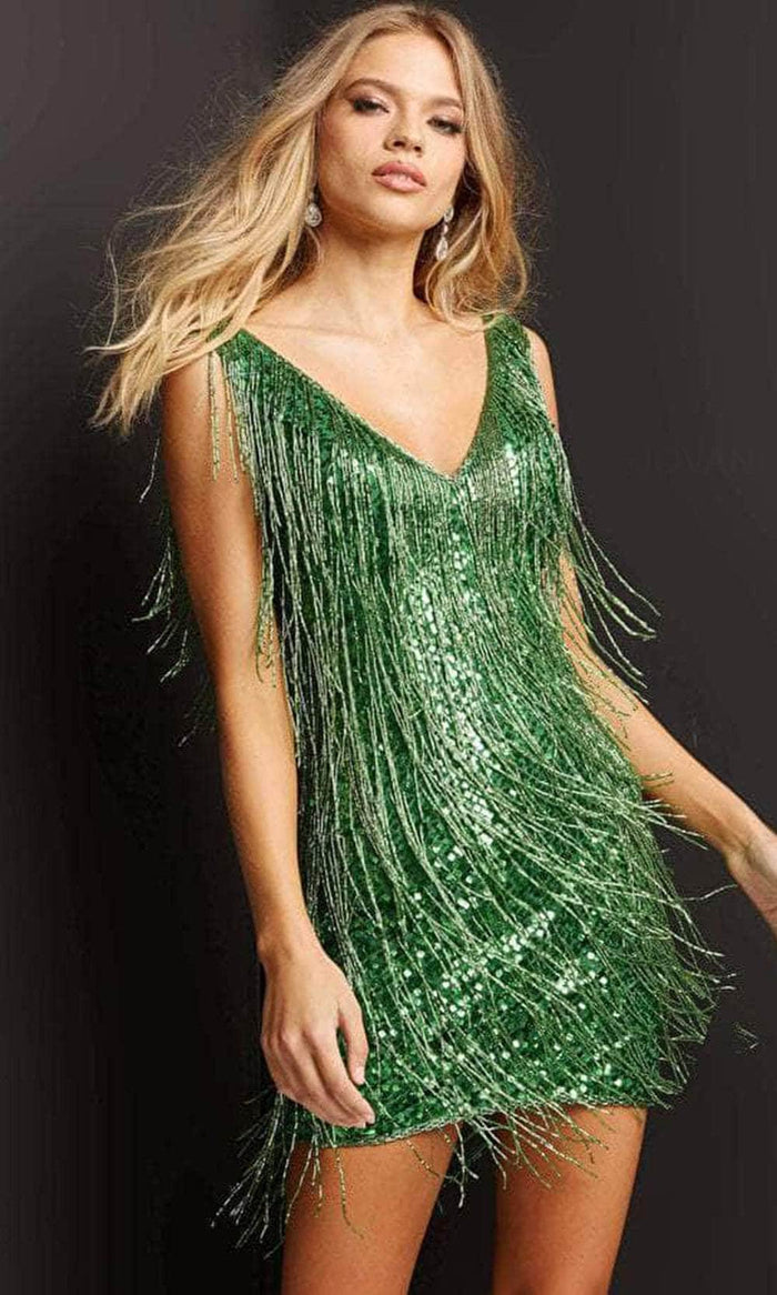 Jovani - Beaded Fringe Sheath Cocktail Dress 08410SC - 1 pc Green In Size 2 Available CCSALE 2 / Green