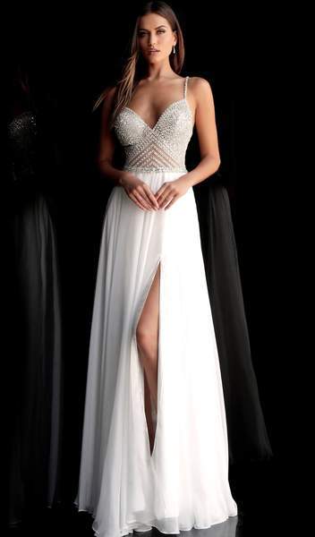 Jovani - Beaded Plunging V-neck Chiffon A-line Dress 66925 CCSALE 2 / Off-White