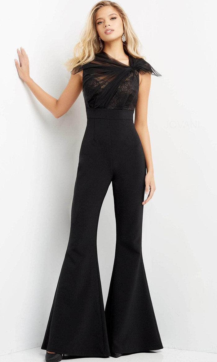 Jovani - Cap Sleeve Lace Evening Jumpsuit 05676SC - 1 pc Black In Size 10 Available CCSALE 10 / Black