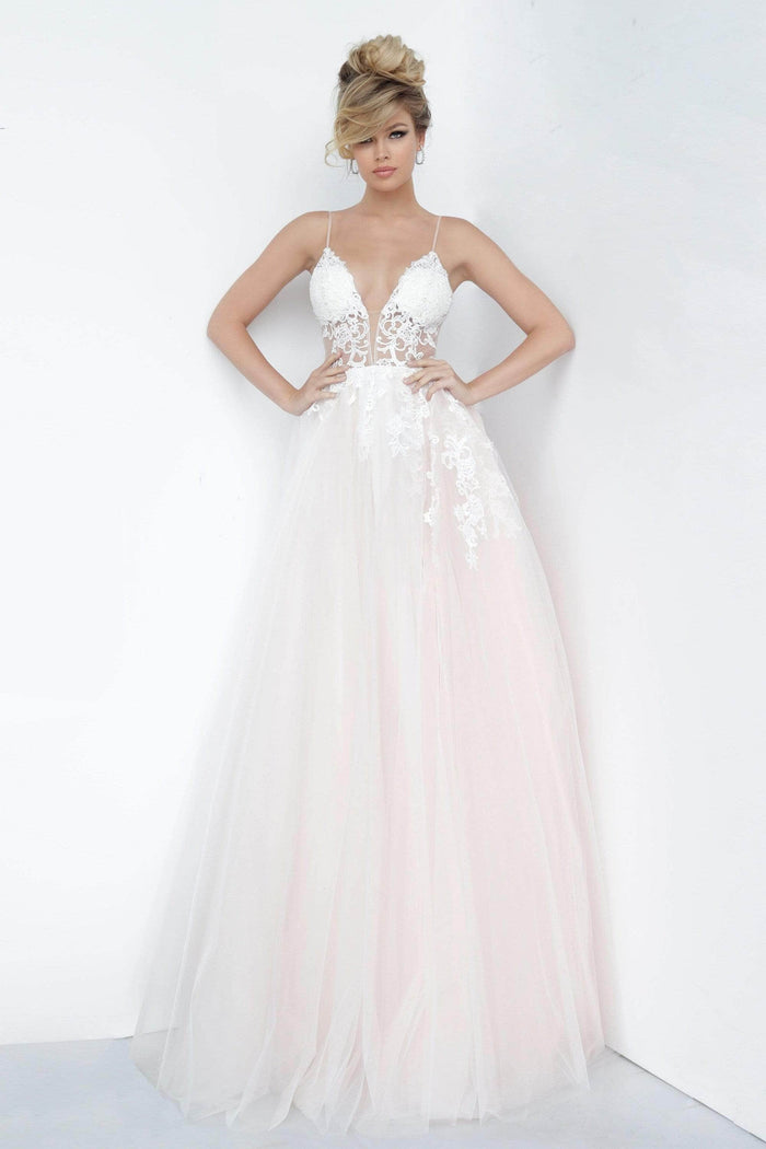 Jovani - Deep V-Neck Tulle Prom Ballgown 1310SC - 1 pc Off White/ Lilac In Size 6 Available CCSALE 6 / Off White/ Lilac