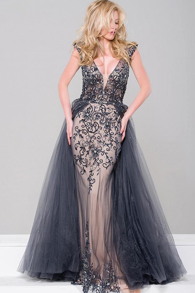 Jovani - Embellished Lace Gossamer Overskirt Long Gown CCSALE 18 / Charcoal