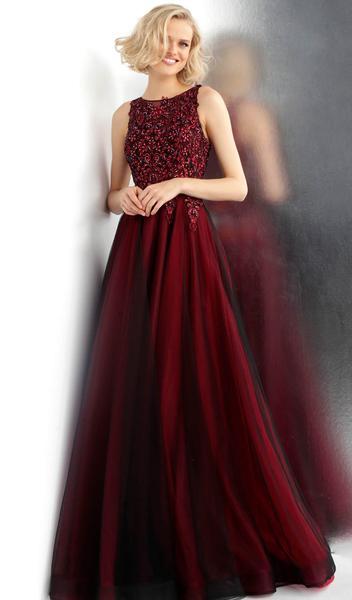 Jovani - Embroidered Bateau Ballgown With Sheer Back JVN67782 CCSALE 10 / Wine/Black