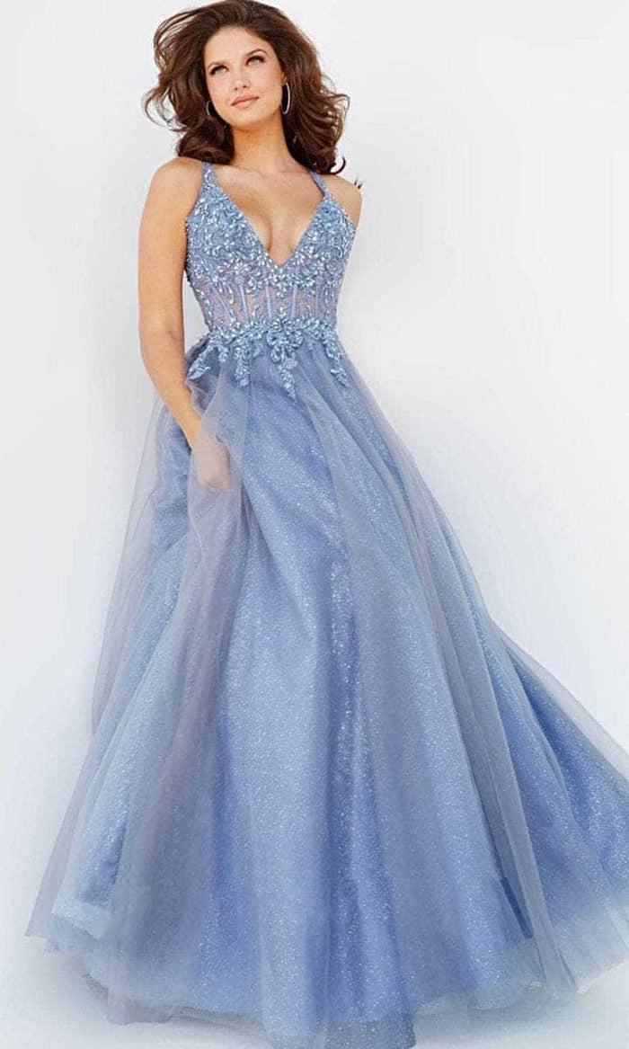 Jovani - Embroidered V-Neck Tulle Ballgown 22546SC - 1 pc Cloud in Size 14 Available CCSALE 14 / Cloud