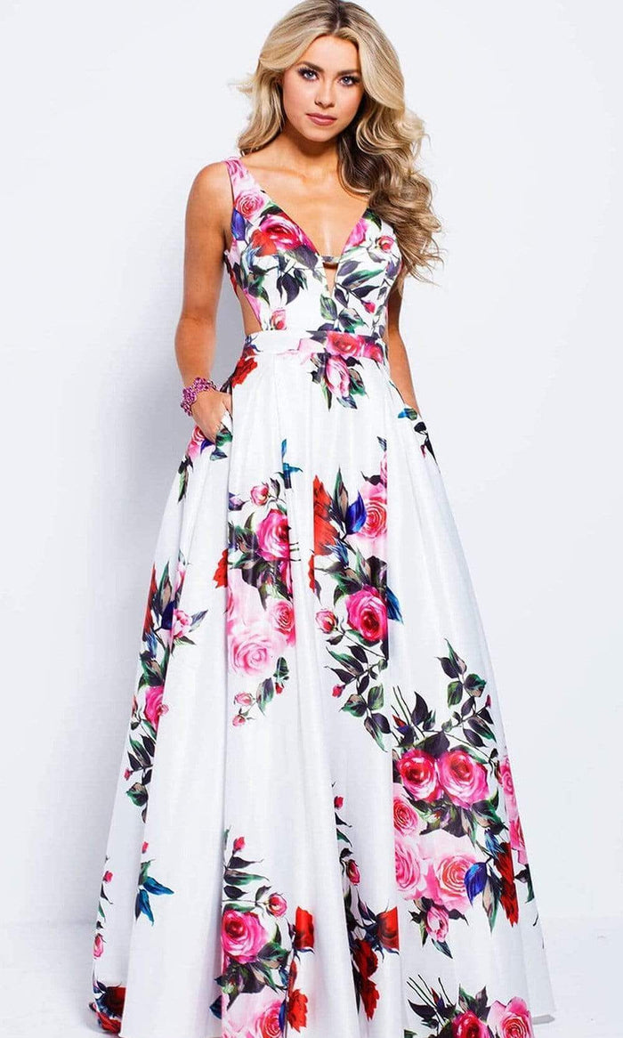 Jovani - Floral V-neck A-line Evening Gown JVN59146 CCSALE 8 / White/Multi