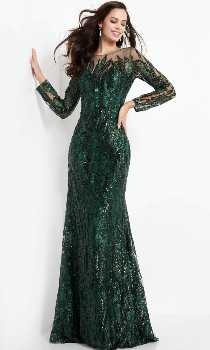 Jovani - Illusion Bateau Sequin Evening Gown 03936SC  - 1 pc Dark Green In Size 8 Available CCSALE 8 / Dark Green