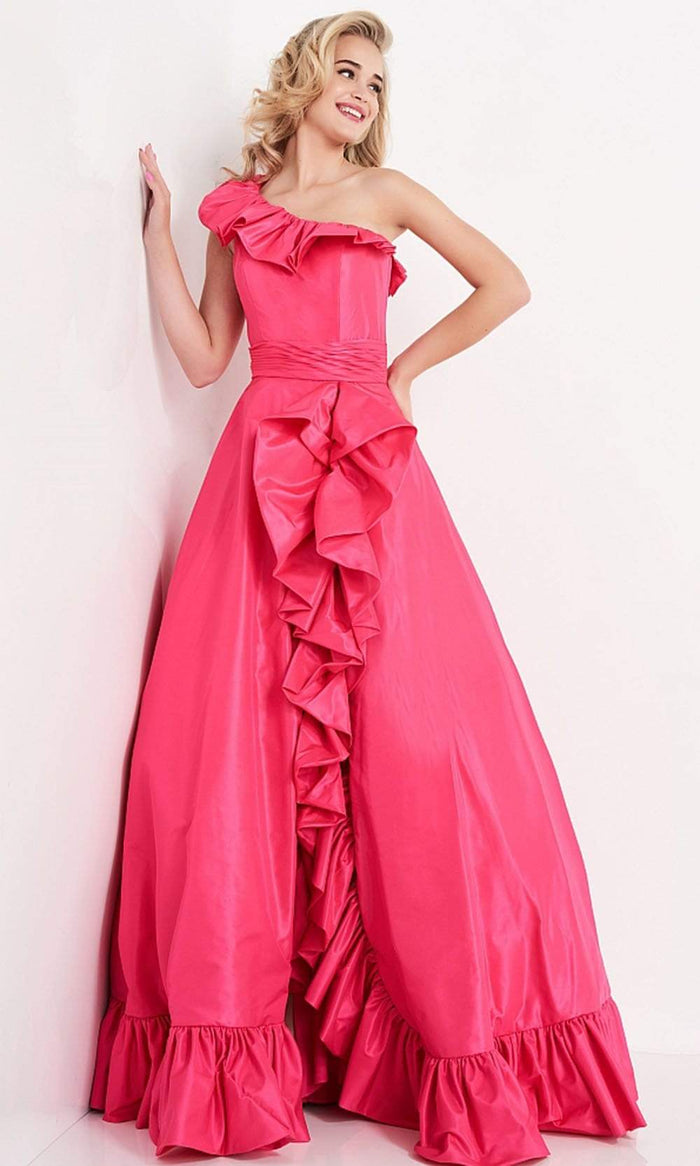 Jovani - JVN03231 Asymmetric Neck Ruffled Ballgown Prom Dresses 00 / Fuchsia