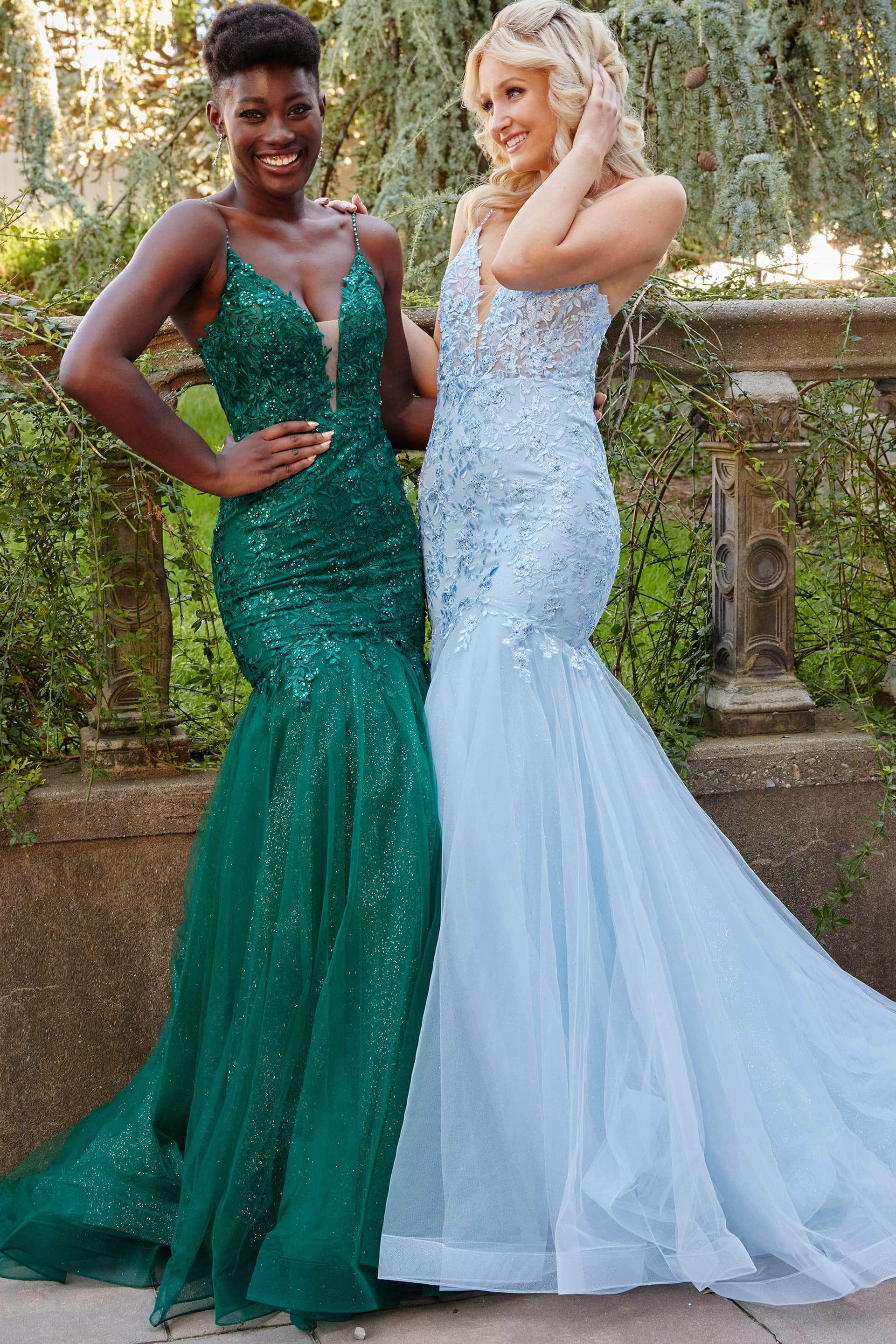 Light Blue Mermaid Appliqued Long Corset Prom Dress With Slit