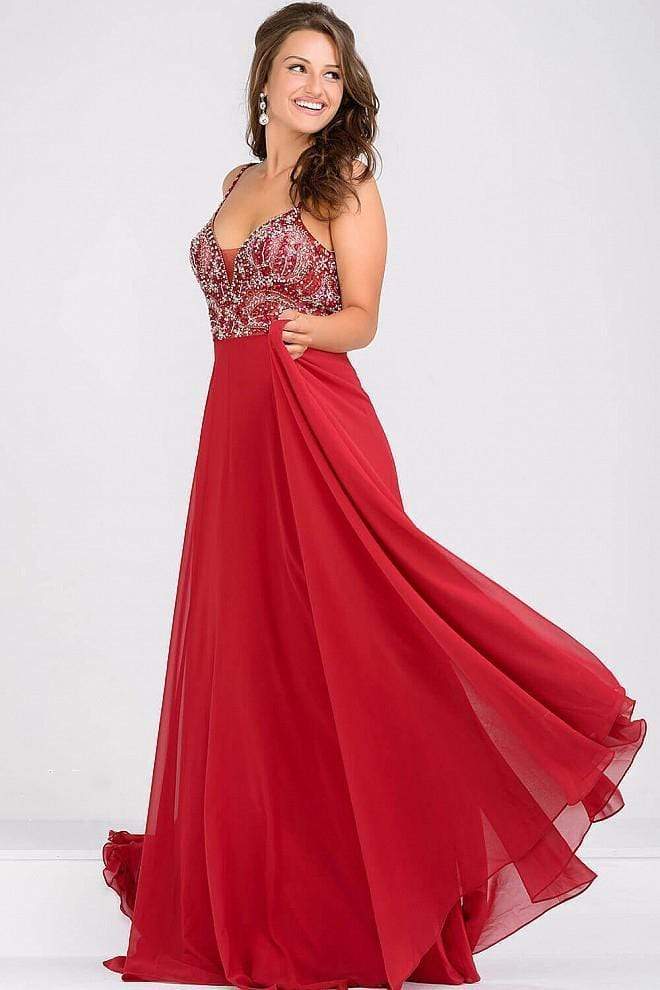 Jovani - JVN33701 Beaded Bodice Open Back Chiffon Dress - 1 pc Burgundy In Size 8 Available CCSALE 8 / Burgundy