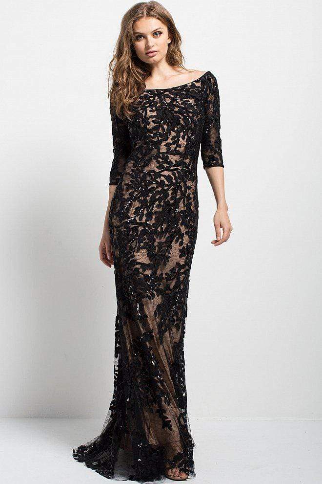 Jovani - Lace Quarter Length Sleeve Bateau Gown 49636  - 1 pc Black/Nude In Size 24 Available CCSALE 24 / Black/Nude