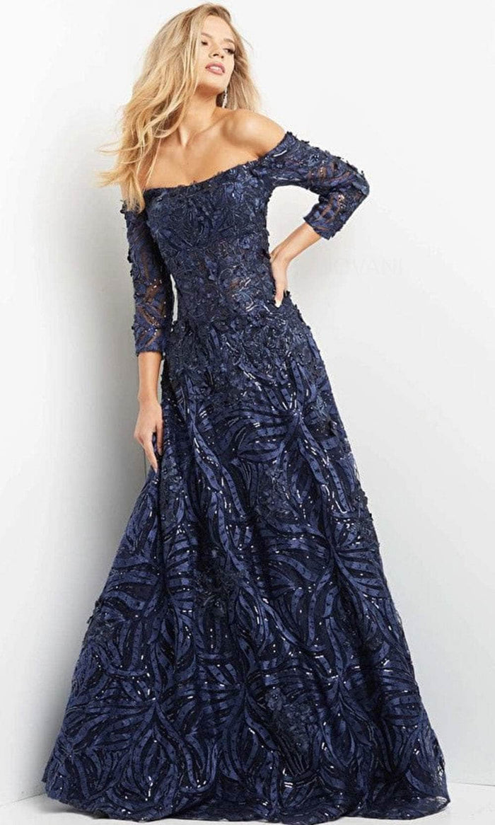 Jovani - Long Off Shoulder Evening Dress 06792SC Evening Dresses 00 / Navy