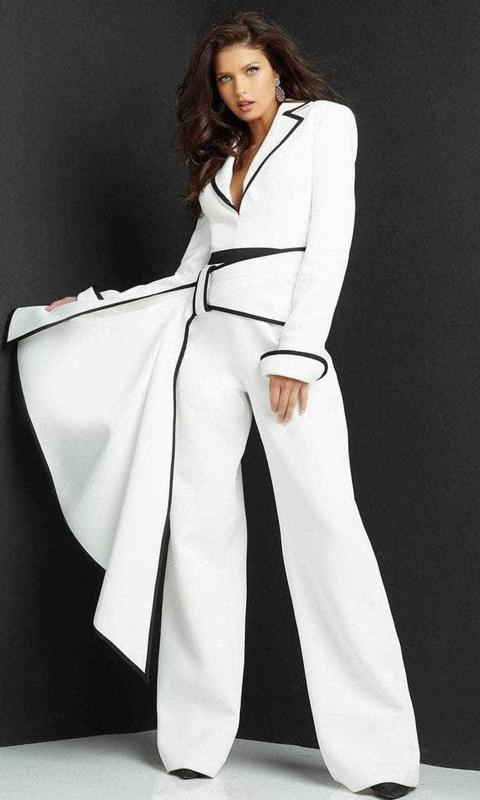 Jovani - Long Sleeve Scuba Jumpsuit 06917SC - 1 pc White/Black in Size 6 Available CCSALE 6 / White/Black