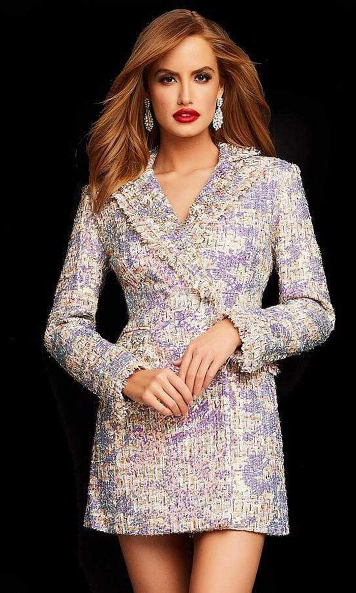 Jovani - M04346 Long Sleeve Woven Blazer Dress Special Occasion Dress 00 / Pink Multi