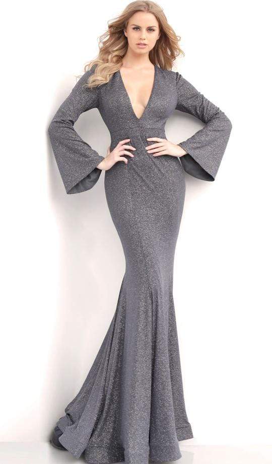 Jovani - Plunging V-neck Long Bell Sleeve Mermaid Evening Gown 63174SC - 1 pc Gunmetal In Size 20 Available CCSALE 20 / Gunmetal