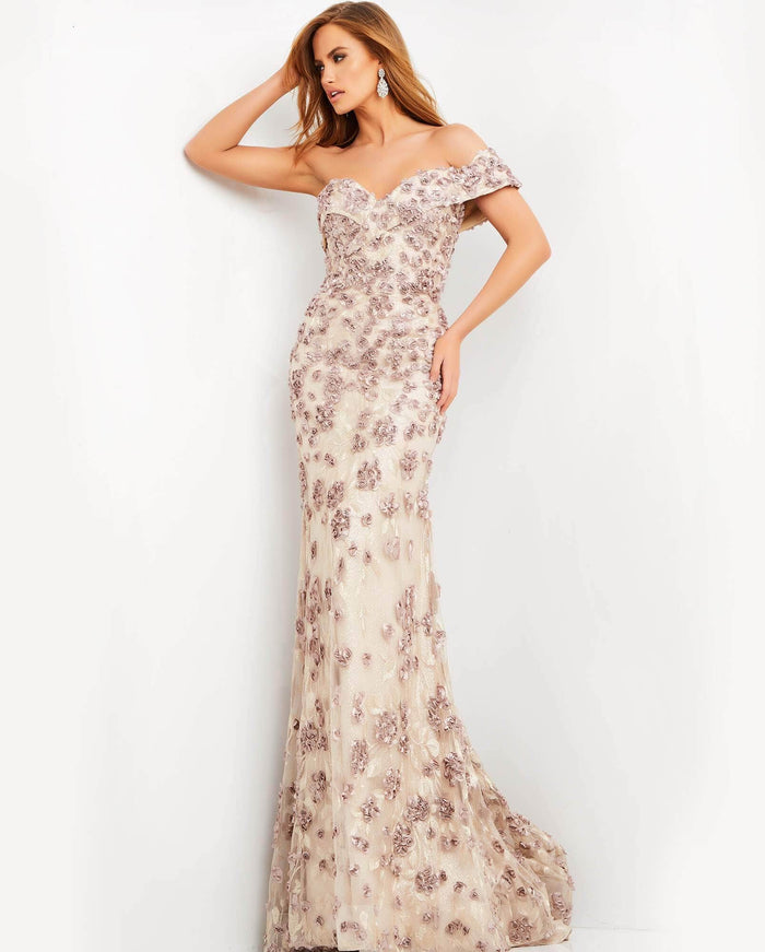 Jovani - Rosette Applique Mermaid Evening Dress 06169SC - 1 pc Latte In Size 0 Available CCSALE 0 / Latte