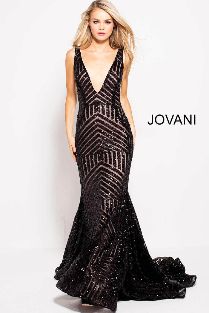 Jovani - Sequined Plunging Gown 59762SC - 1 pc Black/Nude In Size 2 Available CCSALE 2 / Black/Nude