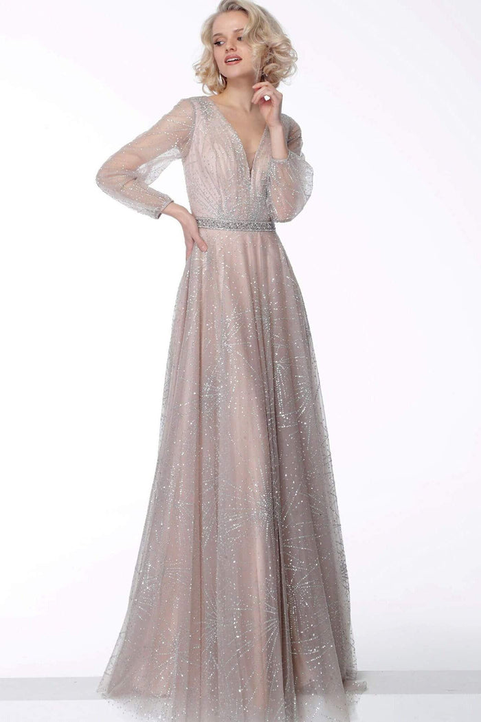 Jovani - Sheer Glittered V-Neck A-Line Dress 65658SC - 1 pc Nude In Size 10 Available CCSALE 10 / Nude