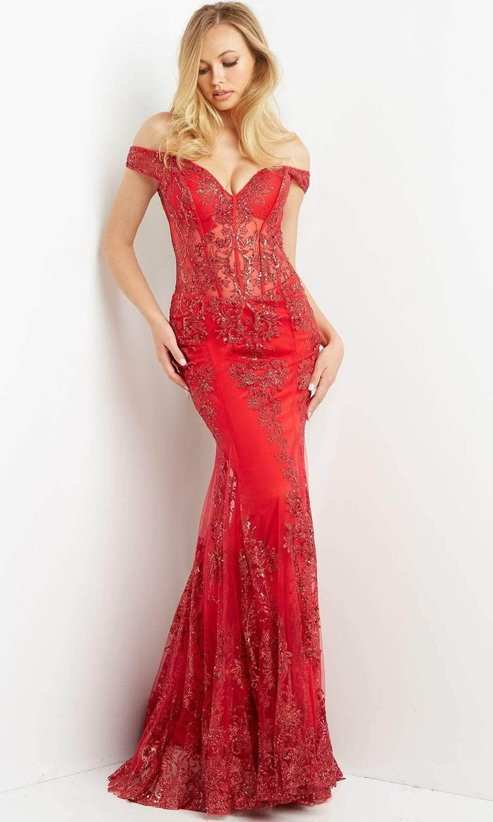 Jovani - Sheer Off Shoulder Evening Gown 06369SC - 1 pc Red In Size 12 Available CCSALE 12 / Red