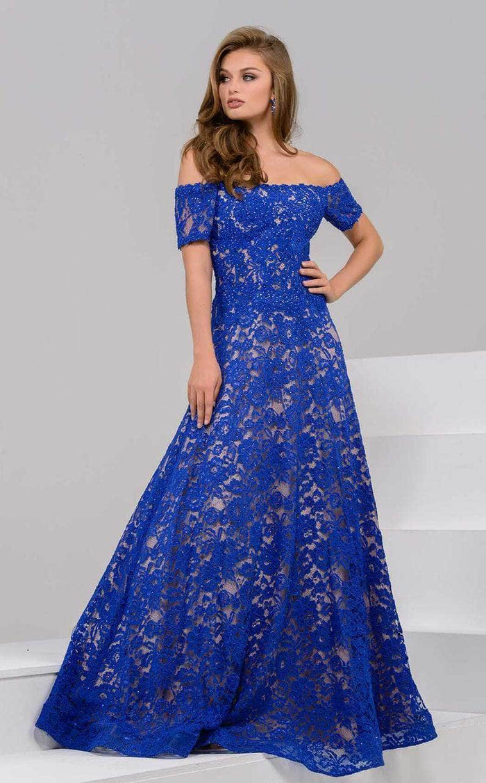 Jovani - Short Sleeve Lace Prom Gown 42828SC - 1 pc Royal In Size 8 Available CCSALE 8 / Royal