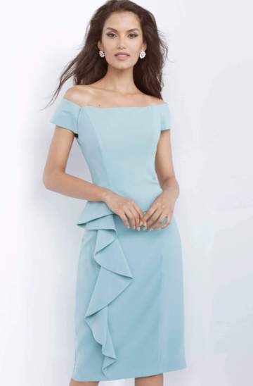 Jovani - Short Sleeves Knee Length Sheath Dress 68767SC - 1 pc Seafoam In Size 4 Available CCSALE 4 / Seafoam