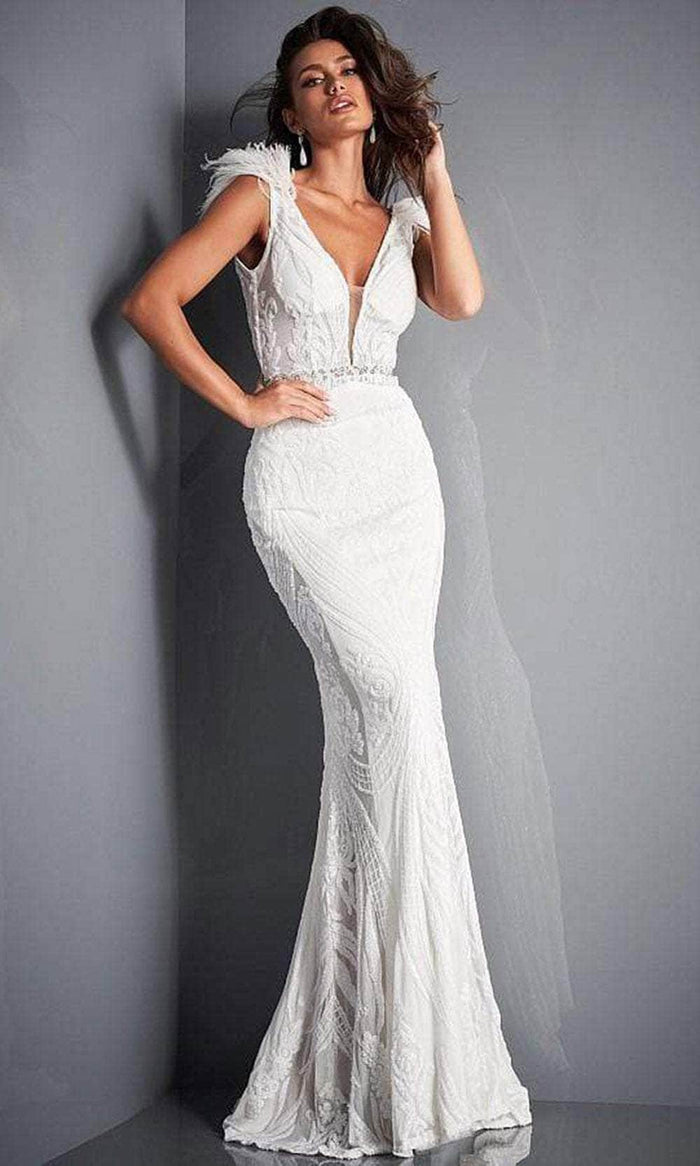 Jovani - V-Neck Feathered Sleeve Prom Gown 3180SC - 1 pc White In Size 8 Available CCSALE 8 / White